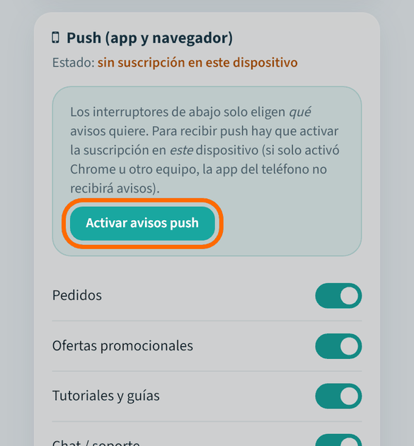 Pulsa «Activar avisos push»
