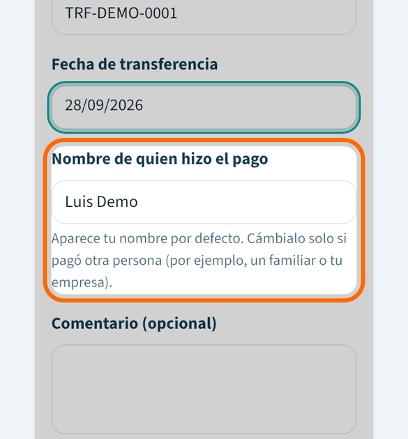 Pon su nombre en «Nombre de quien hizo el pago»
