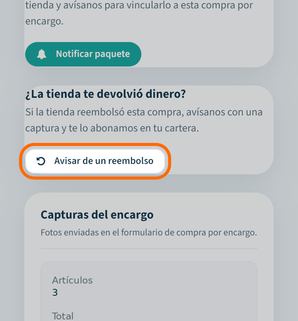 Abre el pedido y pulsa «Avisar de un reembolso»