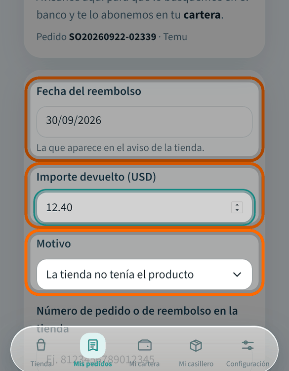 Pon la fecha, el importe y el motivo