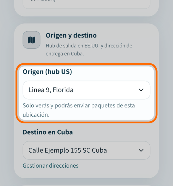 Elige el almacén y el destino