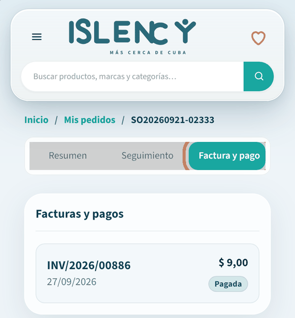 Abre la pestaña «Factura y pago» del pedido