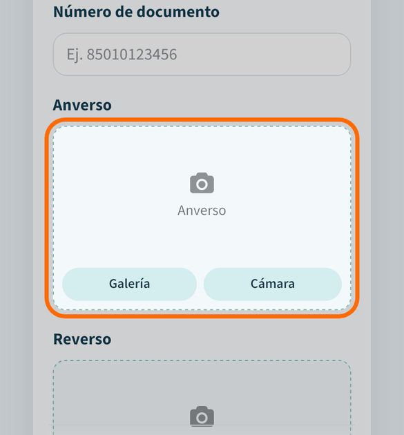 Sube la foto del documento por delante y por detrás