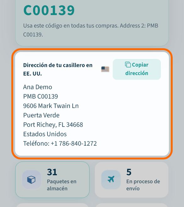 Tu dirección en «Mi casillero»: cópiala tal cual en la tienda.