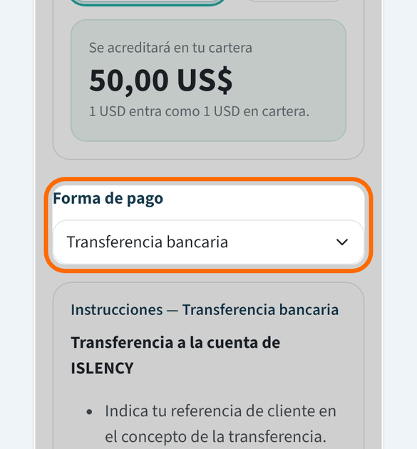 Deja «Transferencia bancaria» y lee las instrucciones
