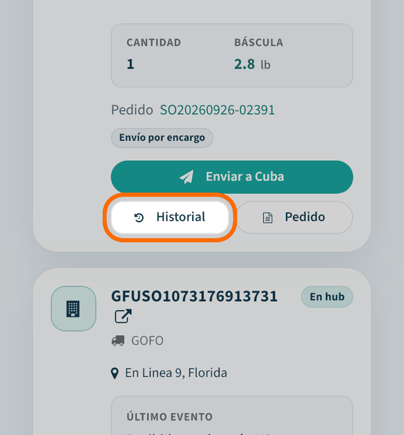 Abre el «Historial» de un paquete
