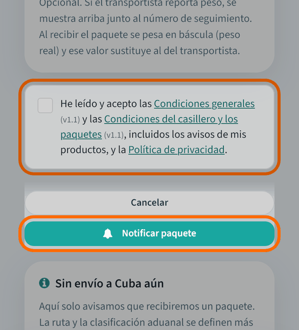 Pulsa «Notificar paquete»