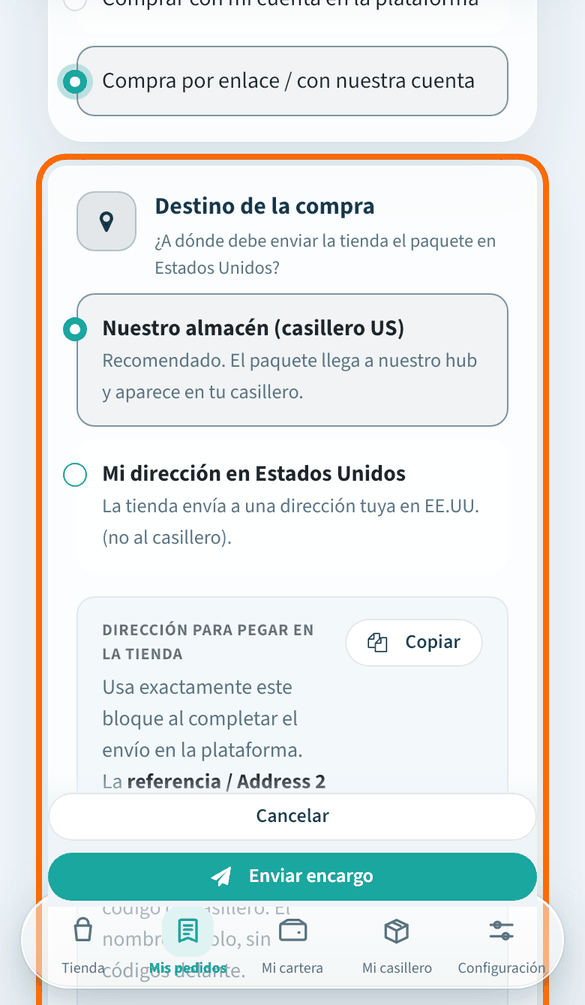 Deja el destino en «Nuestro almacén (casillero US)»