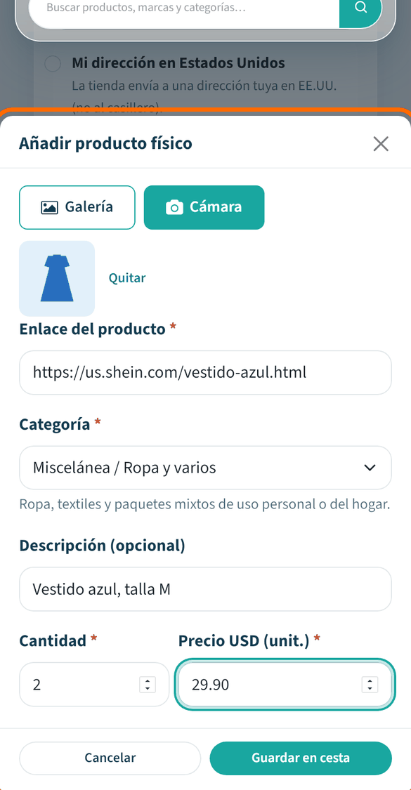 Rellena el producto y pulsa «Guardar en cesta»