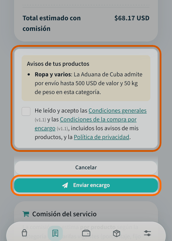 Mira el total y pulsa «Enviar encargo»