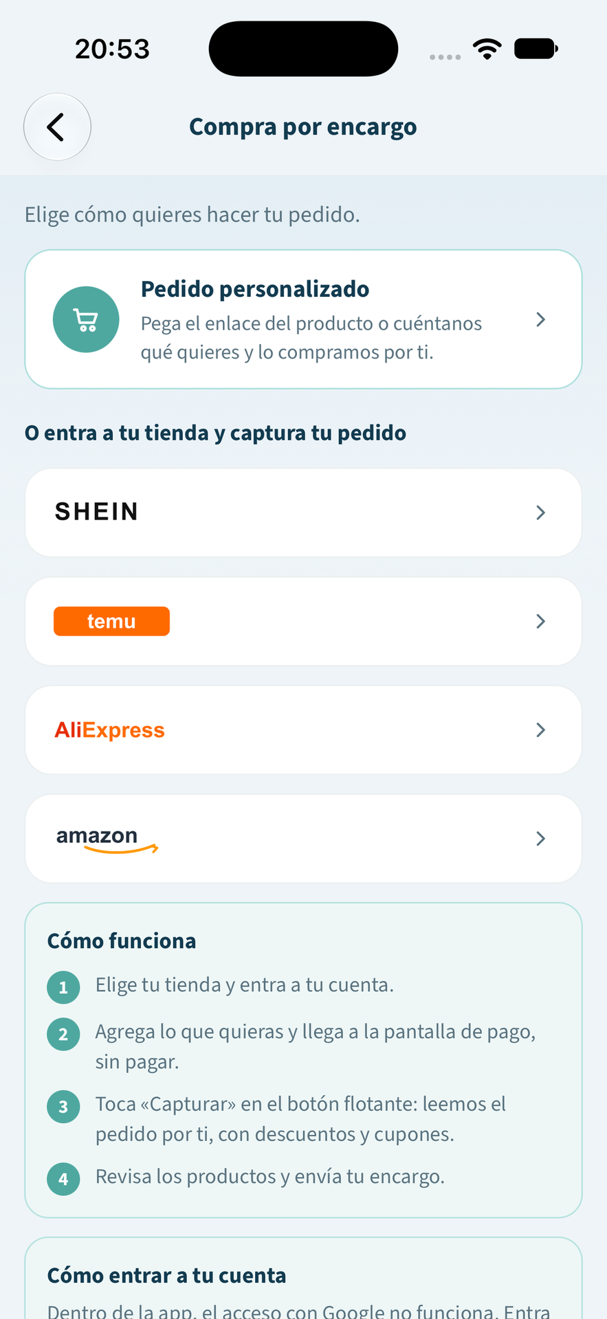 Abre «Compra por encargo» y elige tu tienda