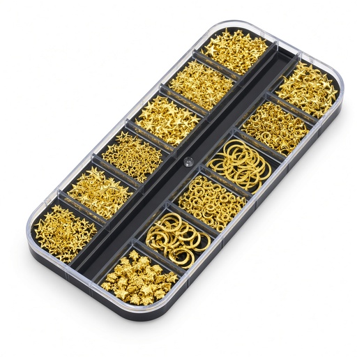 1 caja de 12 rejillas de tachuelas metálicas doradas con forma de estrella, luna, corazón y triángulo, para decoración de uñas 3D — foto 2