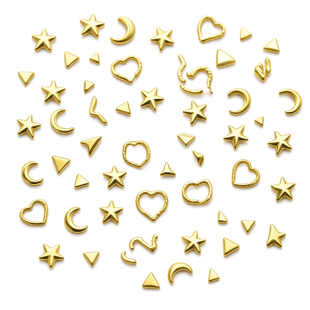 1 caja de 12 rejillas de tachuelas metálicas doradas con forma de estrella, luna, corazón y triángulo, para decoración de uñas 3D — foto 3