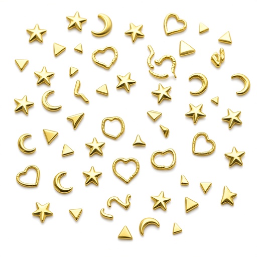 1 caja de 12 rejillas de tachuelas metálicas doradas con forma de estrella, luna, corazón y triángulo, para decoración de uñas 3D — foto 3