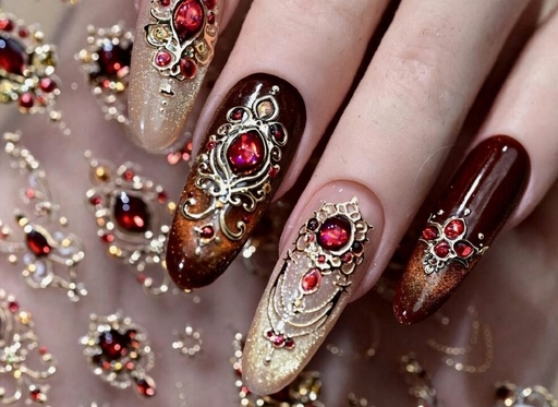 1 pieza Pegatinas de uñas 5D en relieve estilo barroco retro dorado con piedras preciosas simuladas — foto 3