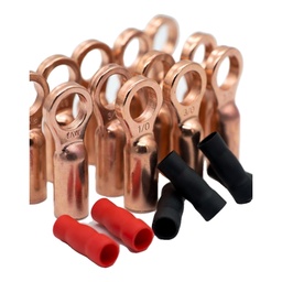 40 Piezas Terminales de Batería de Cobre 1/0 AWG - 3/8" + Fundas Termorretráctiles 4:1 (Rojo/Negro) – Bornes de Anillo para Cables de Alta Corriente