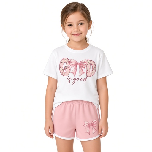 Conjunto casual de 2 piezas :camiseta de manga corta con estampado de lazo + pantalones cortos — foto 2
