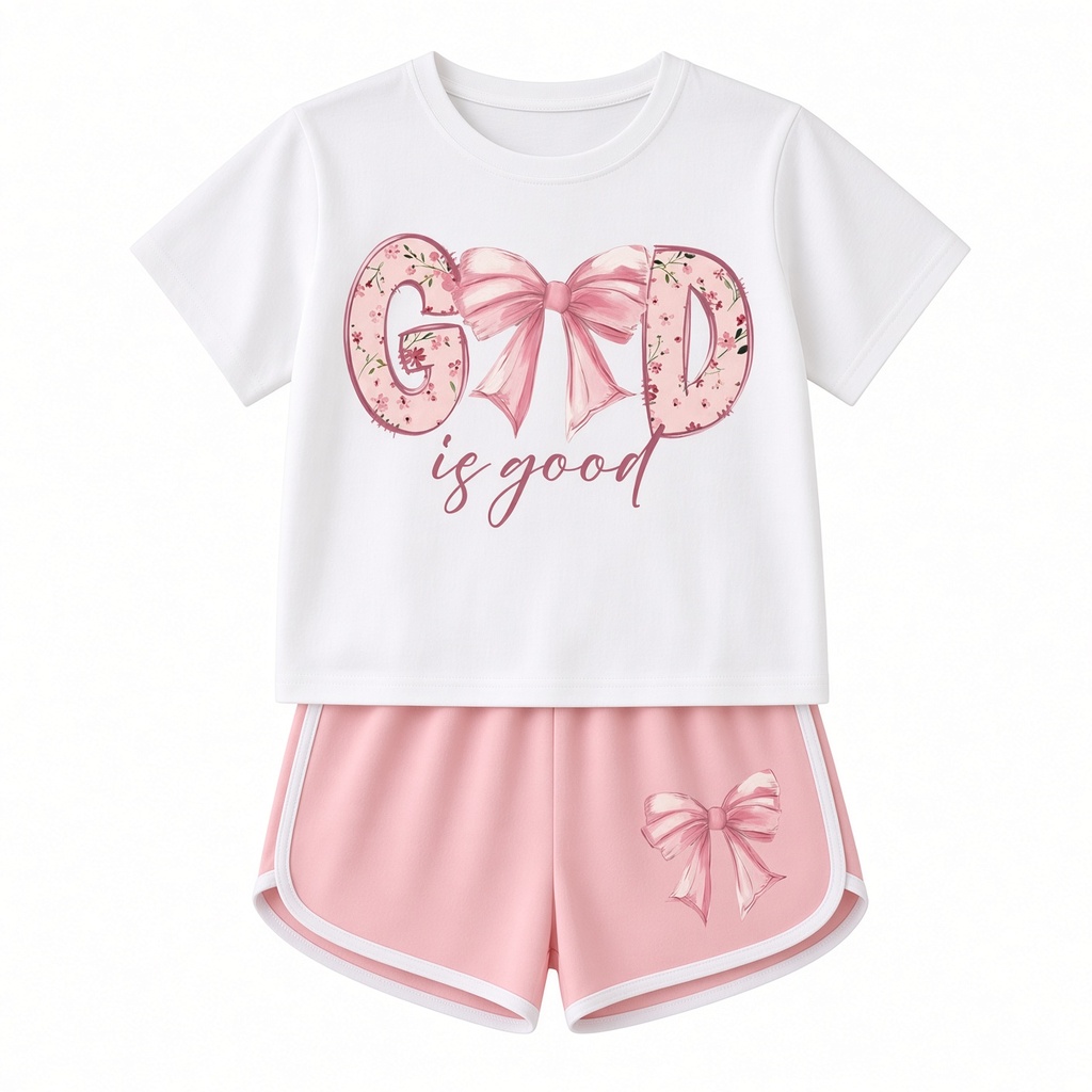 Conjunto casual de 2 piezas :camiseta de manga corta con estampado de lazo + pantalones cortos — foto 3