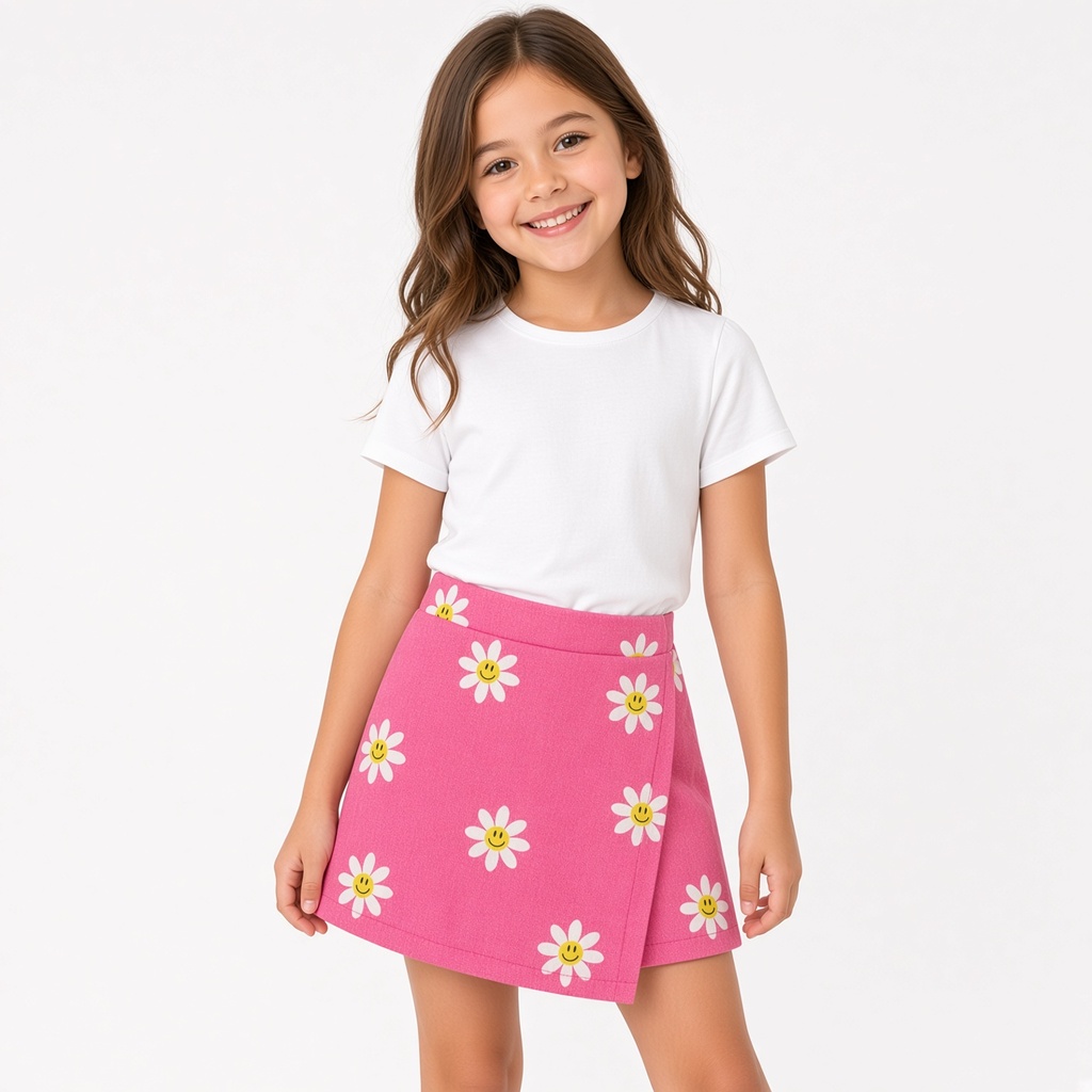 Set de 2 shorts para niñas: asimétricos con estampado de efecto de mezclilla de girasol, corazón y cara, en combinación de azul y rosa — foto 2