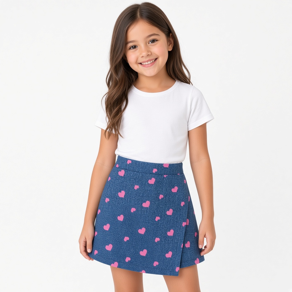 Set de 2 shorts para niñas: asimétricos con estampado de efecto de mezclilla de girasol, corazón y cara, en combinación de azul y rosa — foto 4
