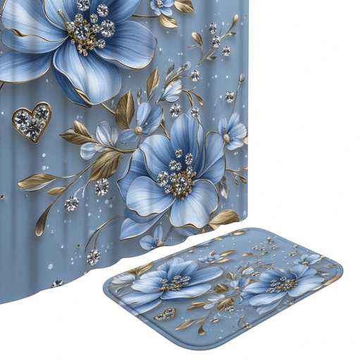 Set de baño de 4 piezas: Cortina con 12 ganchos, Tapa de inodoro, Alfombra de baño y Alfombra, con estampado de flores azules — foto 3