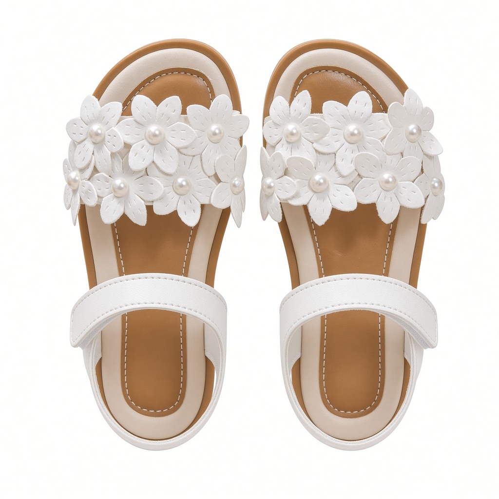 Sandalias Blancas Niñas Flores Perlas Tira Velcro Verano Playa Uso Diario — foto 2