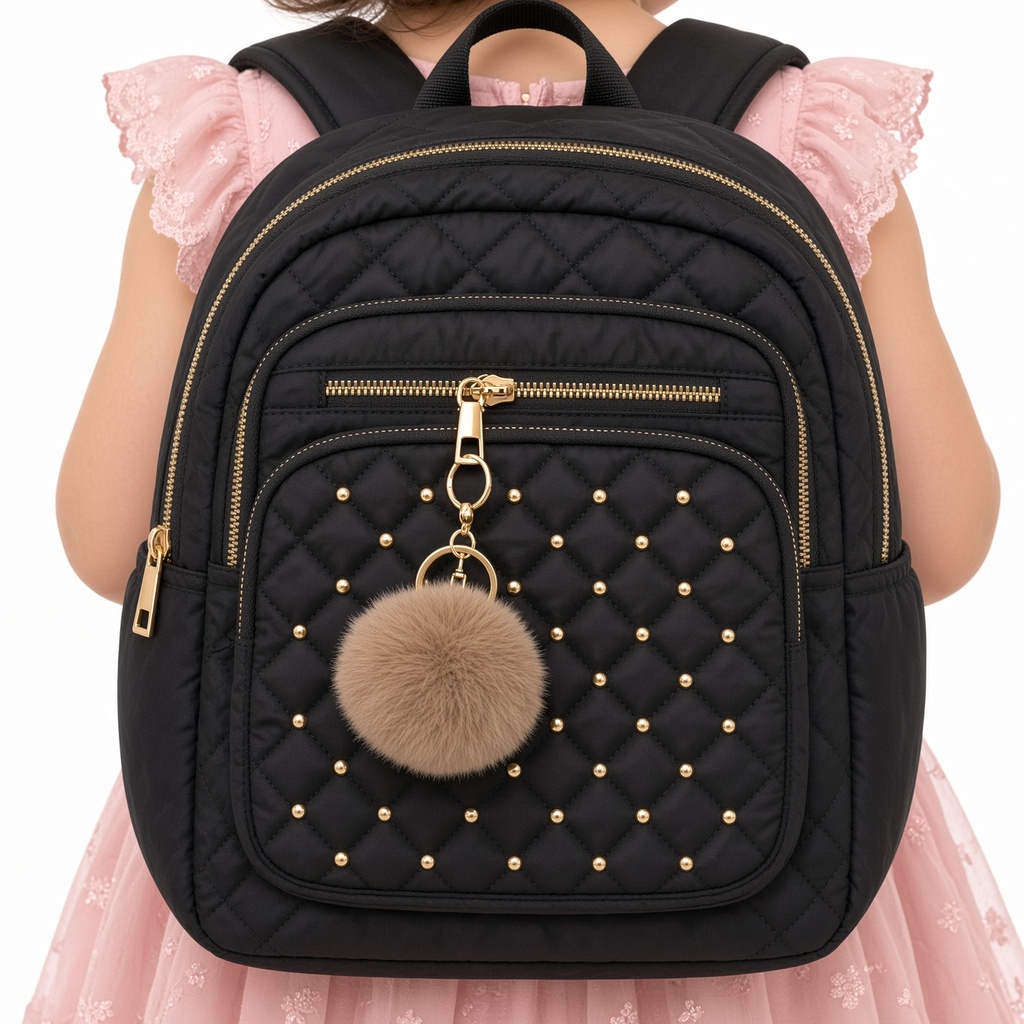 Mochila Negra Acolchada Tachas Doradas Pompón Uso Diario Escuela — foto 2