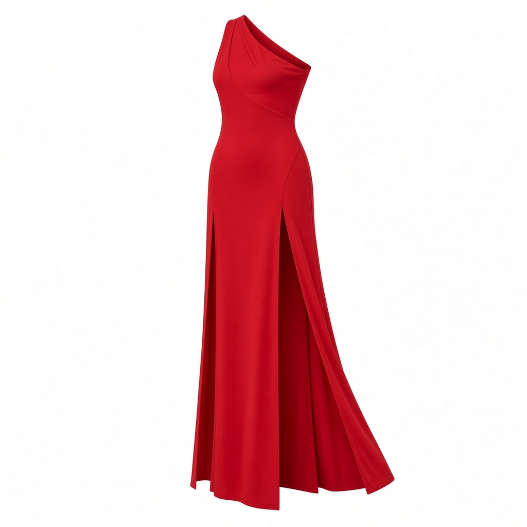 Vestido Largo Rojo Un Hombro con Abertura Lateral Elegante para Fiesta — foto 2
