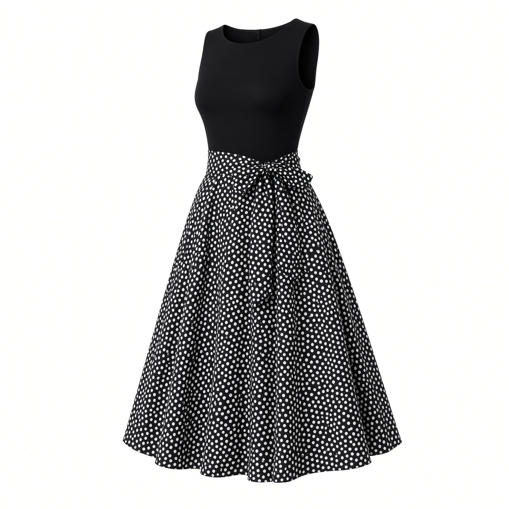 Vestido Negro con Falda de Lunares Blancos Midi Acampanado para Embarazadas — foto 2