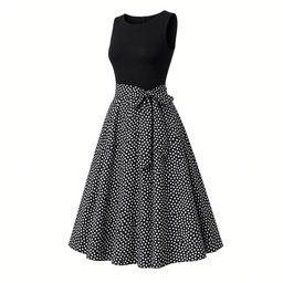 Vestido Negro con Falda de Lunares Blancos Midi Acampanado para Embarazadas