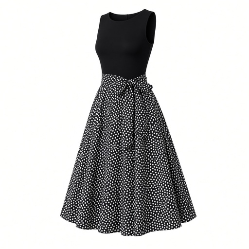 Vestido Negro con Falda de Lunares Blancos Midi Acampanado para Embarazadas — foto 2