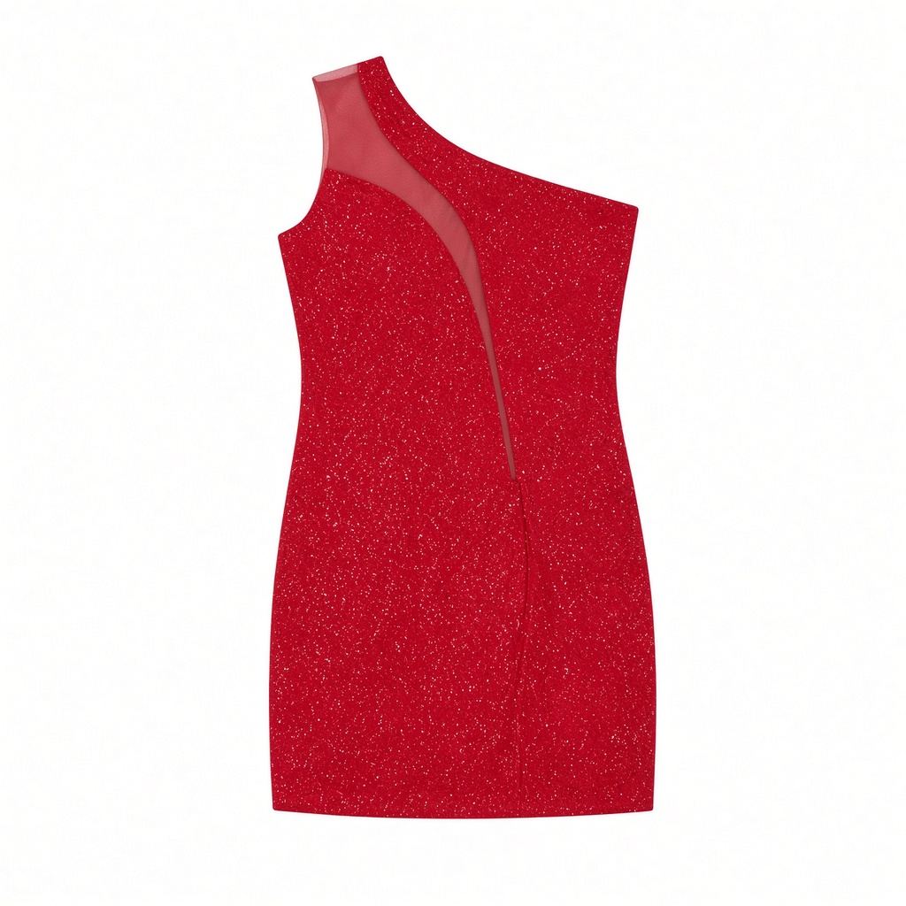 Vestido Rojo Glitter Un Hombro con Panel de Tul Fiesta — foto 2