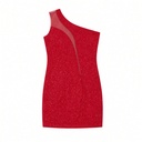 Vestido Rojo Glitter Un Hombro con Panel de Tul Fiesta — foto 2