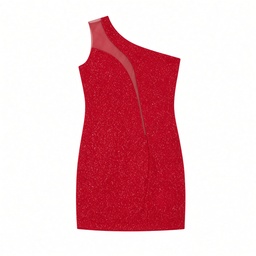 Vestido Rojo Glitter Un Hombro con Panel de Tul Fiesta
