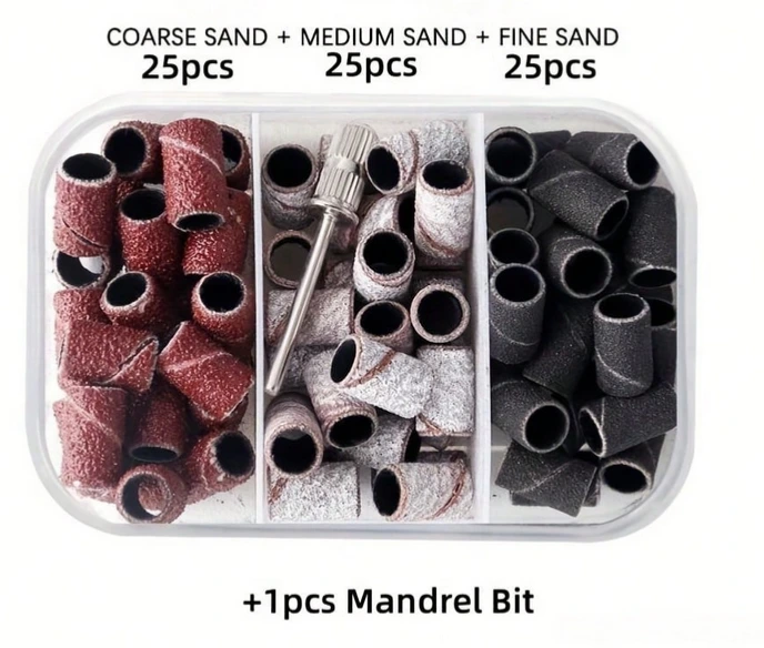 [sb25020640197891878] Caja de 75 piezas de anillos de lijado de uñas con mandril de 3/32" (80#120#180).