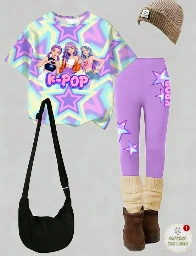 Conjunto de 2 piezas casual para niñas: camiseta de manga corta + mallas, temática KPOP púrpura y de estrellas.