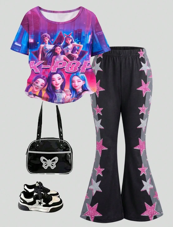 Conjunto de 2 piezas para niñas: Blusa de manga corta con cuello redondo + Pantalones acampanados con temática KPOP.