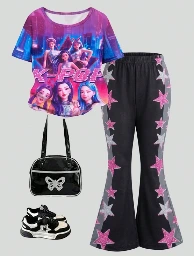 Conjunto de 2 piezas para niñas: Blusa de manga corta con cuello redondo + Pantalones acampanados con temática KPOP.