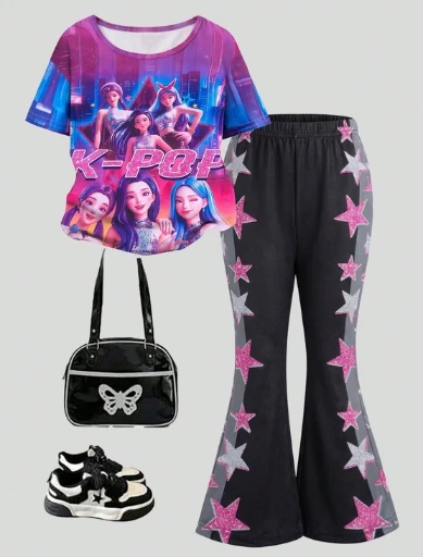 Conjunto de 2 piezas para niñas: Blusa de manga corta con cuello redondo + Pantalones acampanados con temática KPOP.