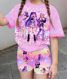 Conjunto de 2 piezas: Camiseta de manga corta + pantalones cortos de verano con estampado de temática KPOP.