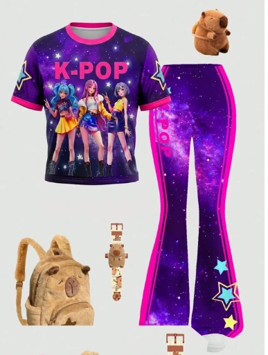 Conjunto de 2 piezas de camiseta de manga corta y pantalones anchos con estampado de cielo estrellado y temática KPOP.