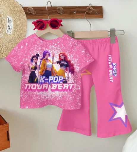 Conjunto de dos piezas para niña: camiseta de manga corta y pantalones, temática KPOP (Nova Beat).