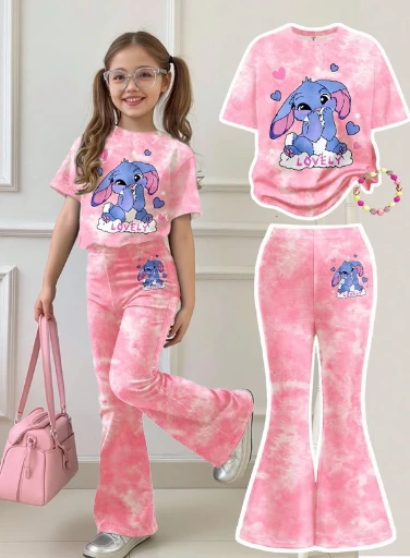 Conjunto de 2 piezas: camiseta de manga corta de cuello redondo y pantalones/short. Temática conejo azul Lulu