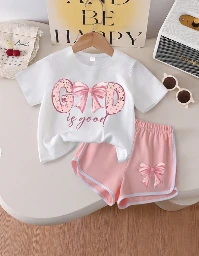 Conjunto casual de 2 piezas :camiseta de manga corta con estampado de lazo + pantalones cortos.
