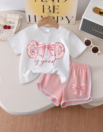 Conjunto casual de 2 piezas :camiseta de manga corta con estampado de lazo + pantalones cortos.