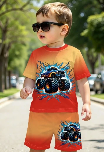 Conjunto de 2 piezas de verano para niño: camiseta de manga corta de cuello redondo y pantalones cortos. Temática Monster Trucks