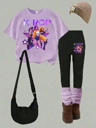 Conjunto de dos piezas para niña: mangas cortas + pantalones largos, temática KPOP.