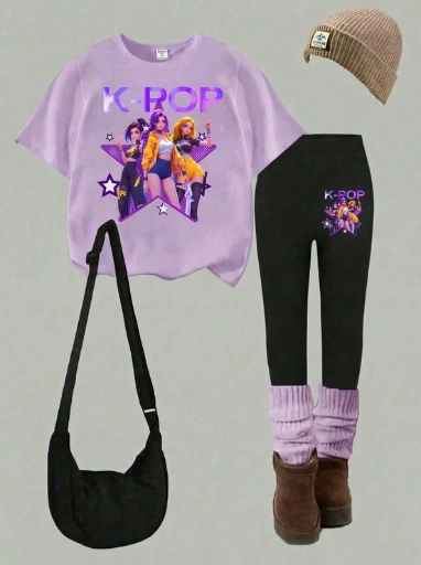 Conjunto de dos piezas para niña: mangas cortas + pantalones largos, temática KPOP.