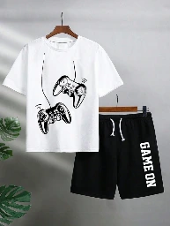 Conjunto para niño: 2 piezas con camiseta de manga corta de cuello redondo y pantalones cortos con estampado de videojuegos