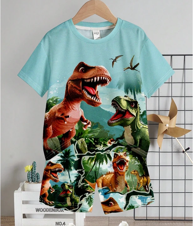 Conjunto de 2 piezas para niño: camiseta de manga corta con cuello redondo y shorts con estampado de dinosaurio de dibujos animados